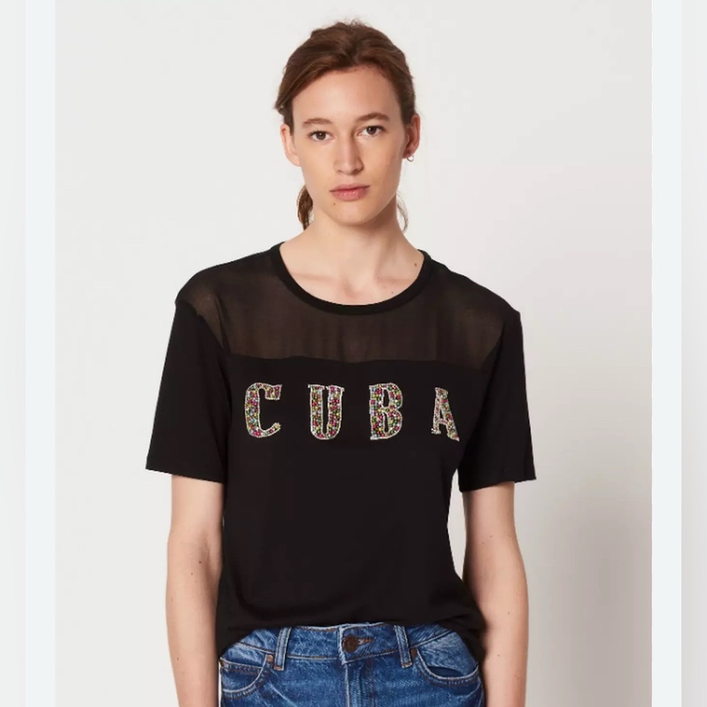 Sandro Black Tee with Beaded 'CUBA' Design